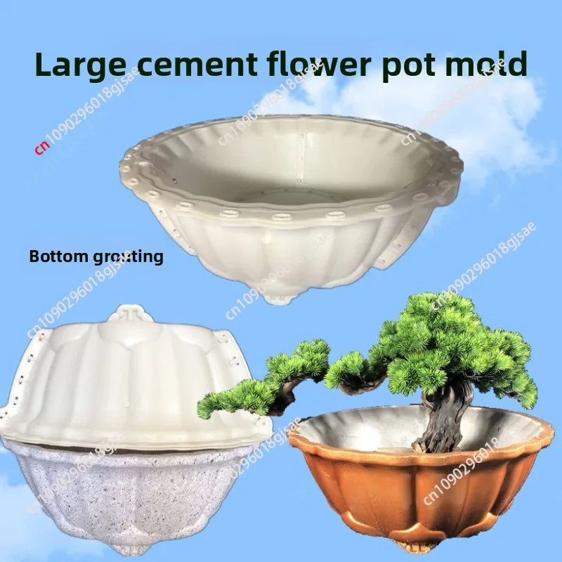 pot fleurs ciment blanc orange gris motif floral nervures lotus asiatique décoration 60cm 25cm