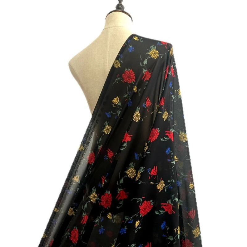 tissu imprimé fleurs colorées noir polyeste occasionnels bricolage opaque 150cm large femmes écharpe robe