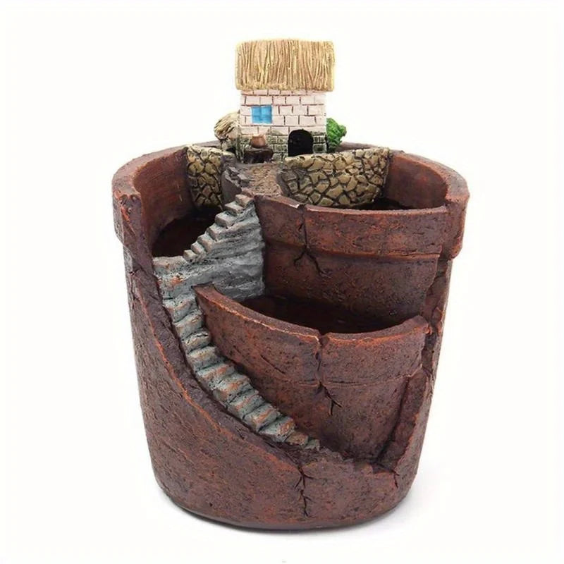 pots decoratifs resine miniature maison chateau escaliers pierre végétation buissons mousse effet vieilli texture
