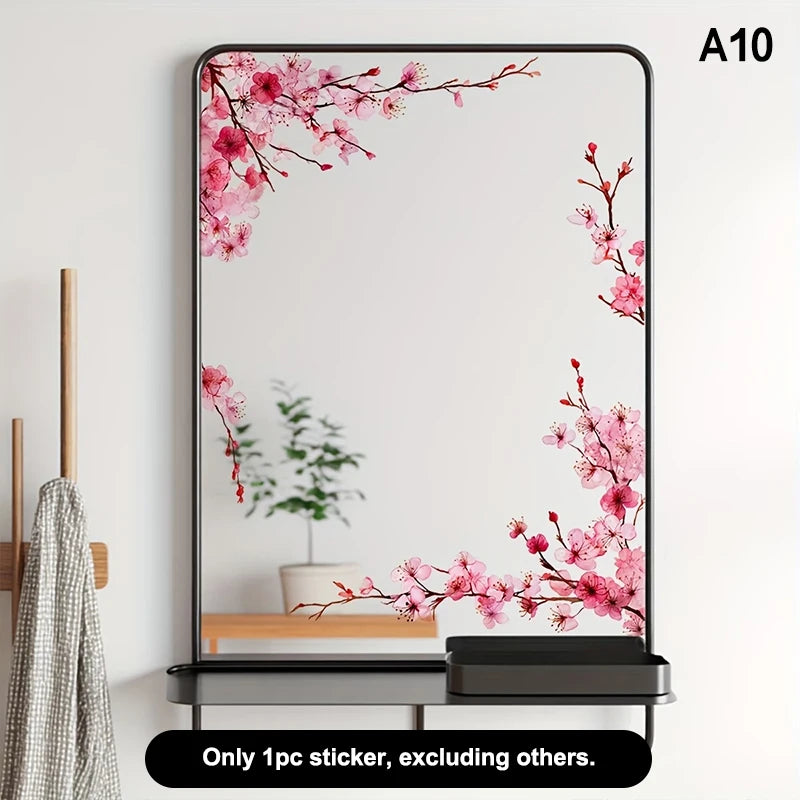 miroir adhésif moderne fleurs feuilles verte doré noir floral amovible chambre salle bain