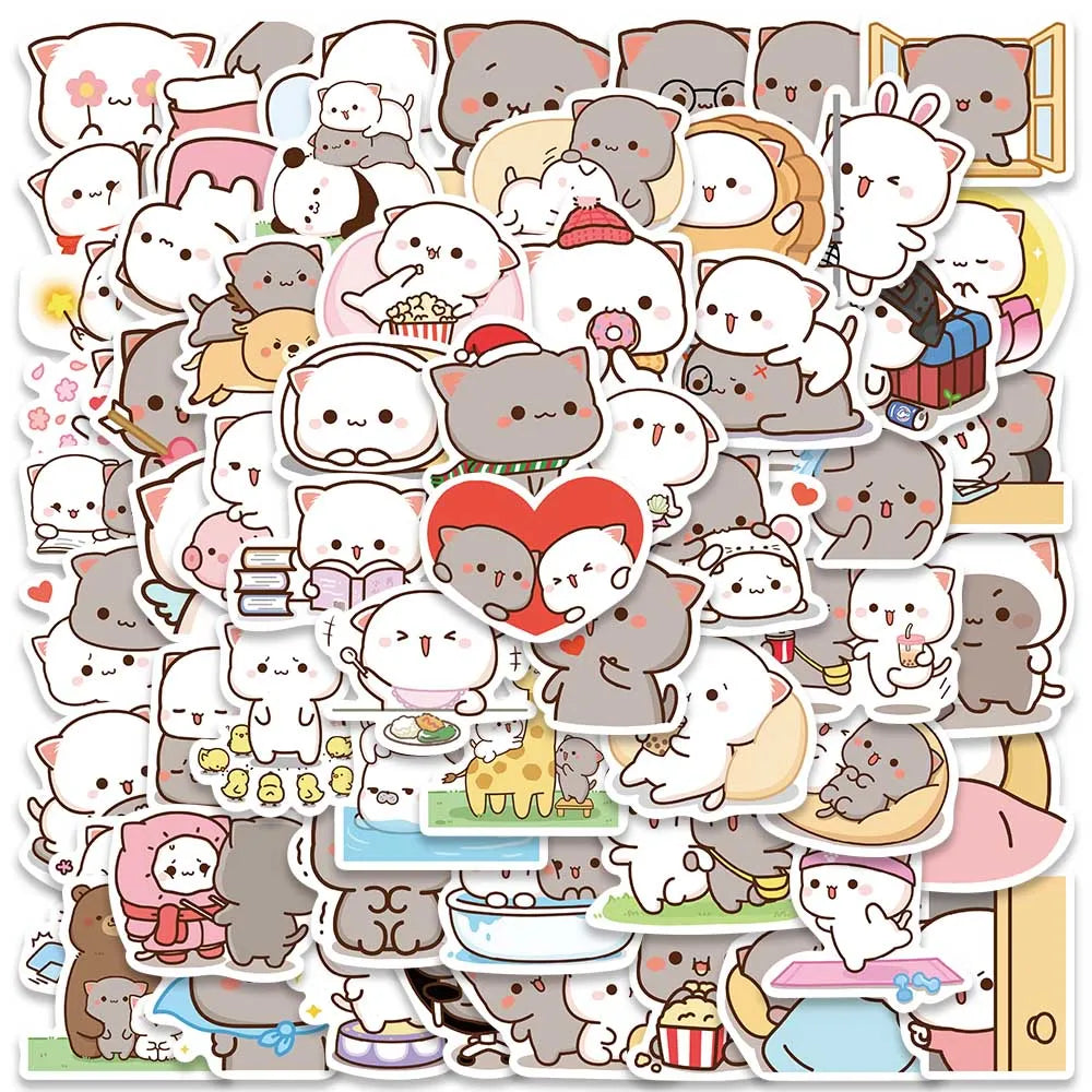 stickers kawaii chats mignons dessins animés gris blanc rose rouge bleu vert jaune marron