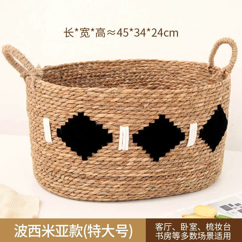 panier tissé rotin naturel blanc noir franges motifs ethniques boho respectueux environnement