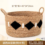 panier tissé rotin naturel blanc noir franges motifs ethniques boho respectueux environnement