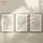 affiches art minimalistes toile simples dessins floraux noir beige clair cadres bois chambre salon