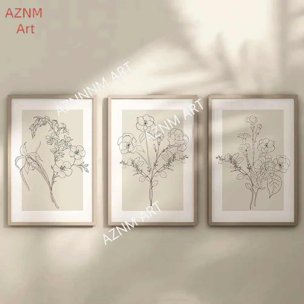 affiches art minimalistes toile simples dessins floraux noir beige clair cadres bois chambre salon