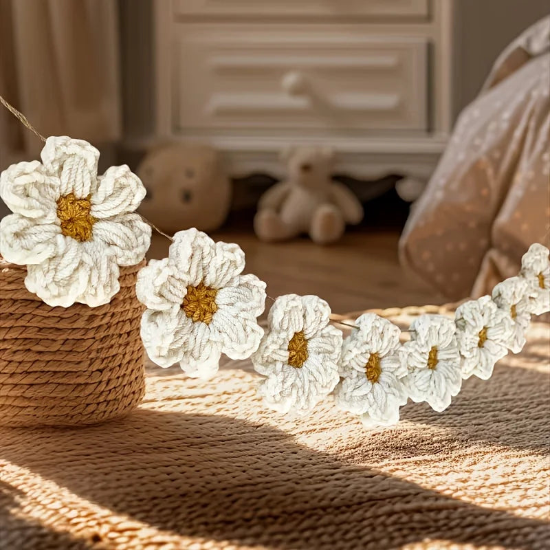 guirlande décorative fleurs crochetées blanc jaune bohème champêtre enfantin living room mariage birthday party