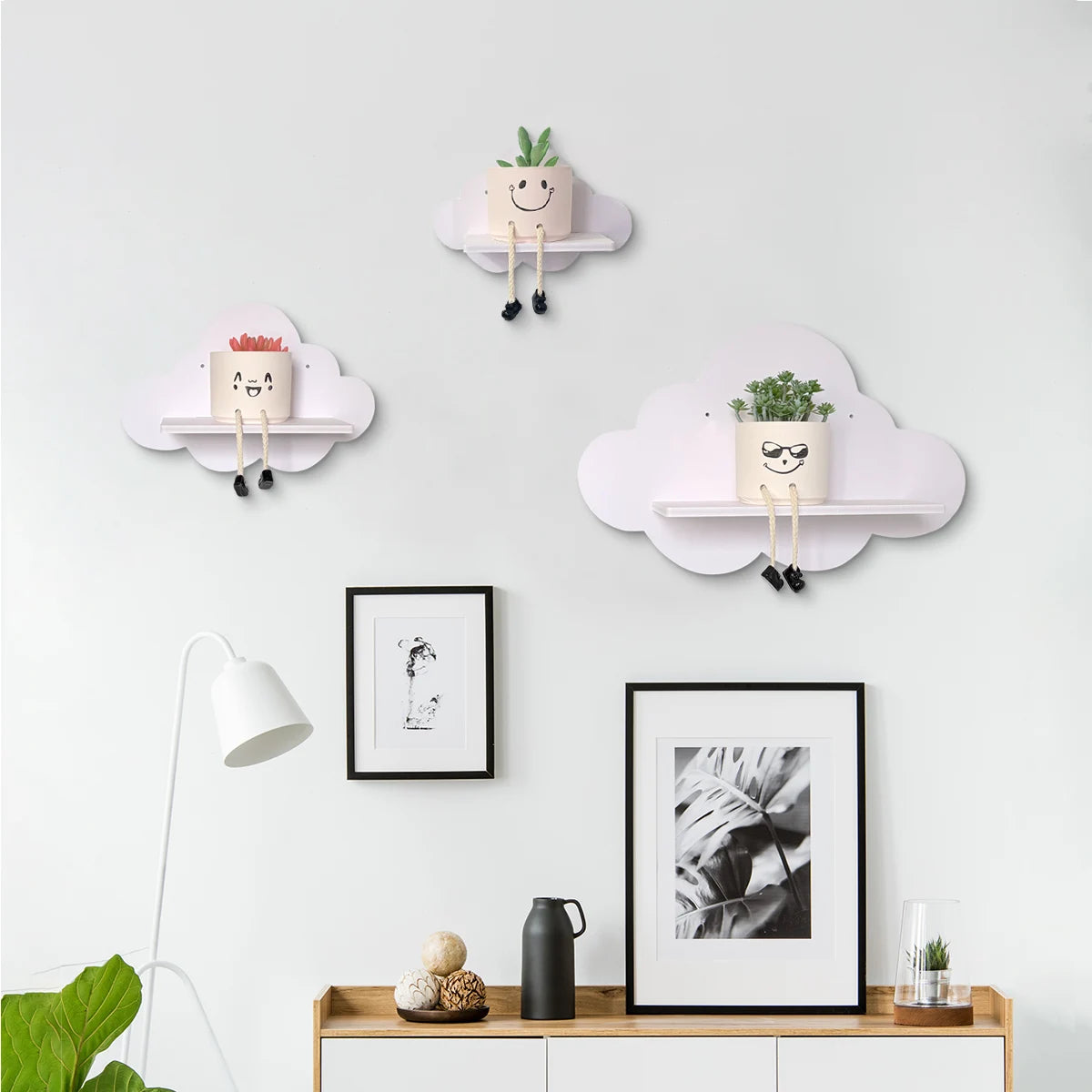 étagère murale nuage blanche détails colorés moderne plante artificielle pot plante