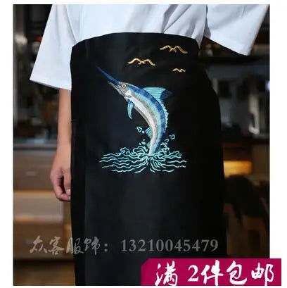 tablier cuisine noir broderie poisson orange service alimentaire femme drap fin opaque traditionnel