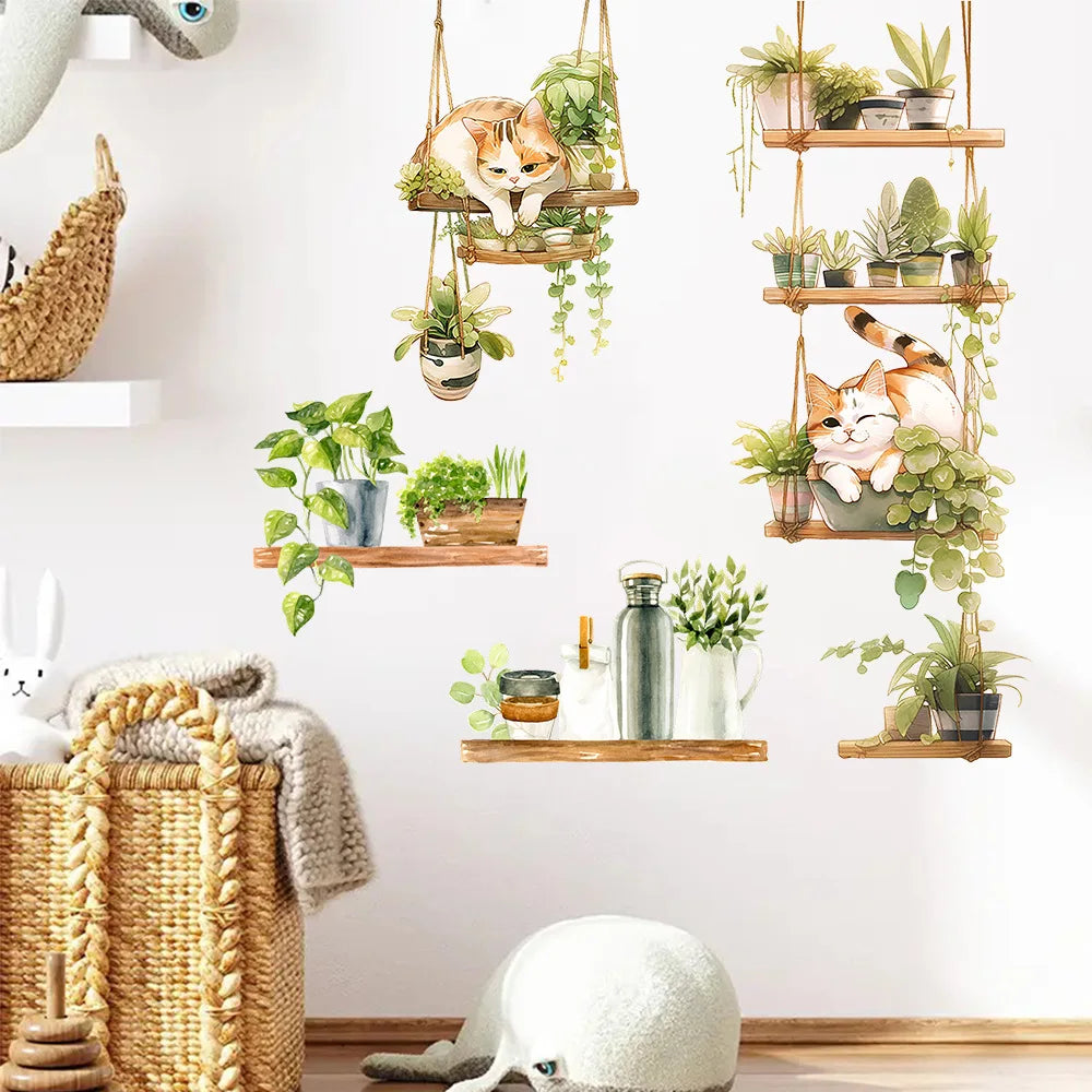 stickers muraux illustration chats endormis plantes multicolore opacité décoration maison autoadhésifs