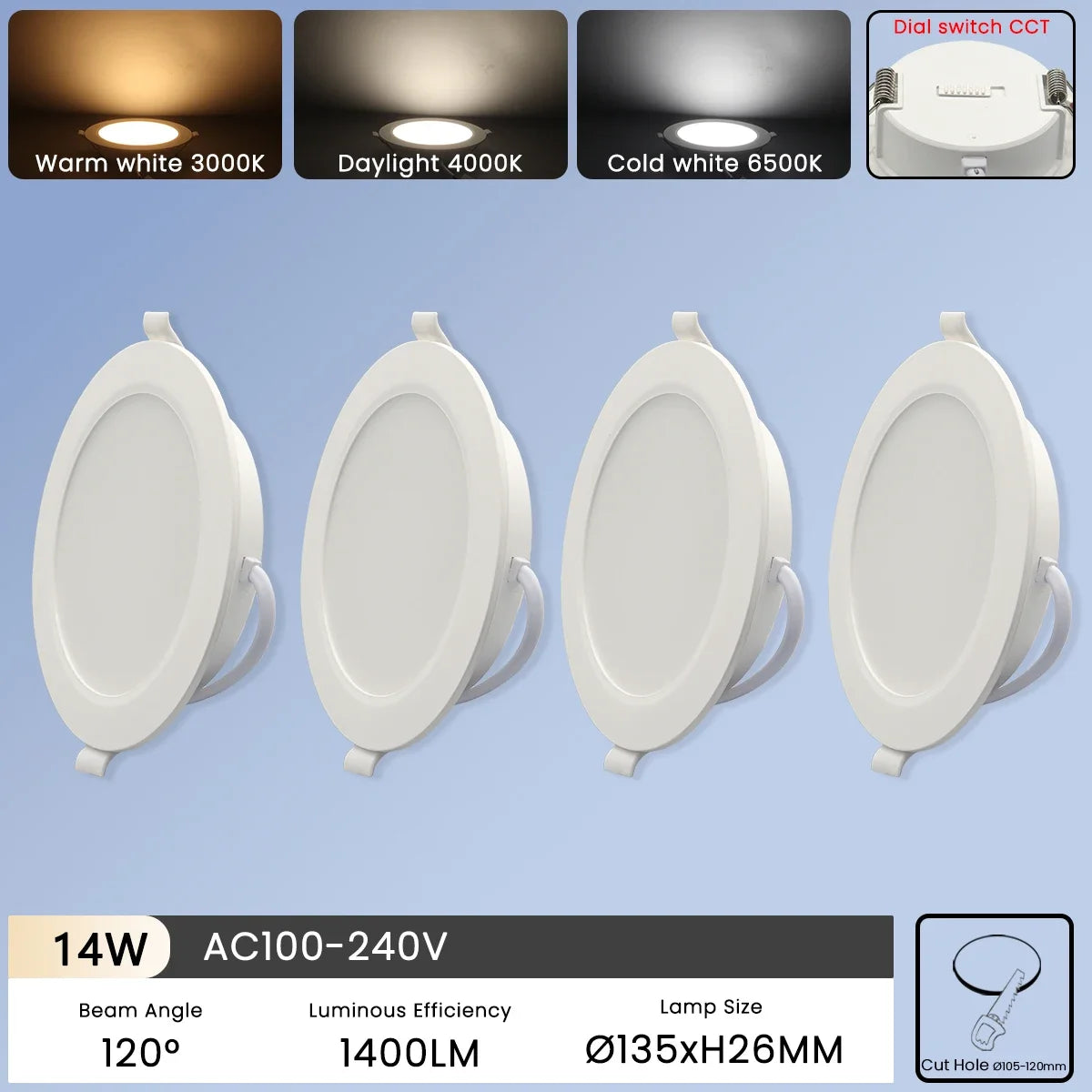 spots led encastrables blancs modernes 120° clips fixation 100lm/w 10w 24w 2.5c 8c