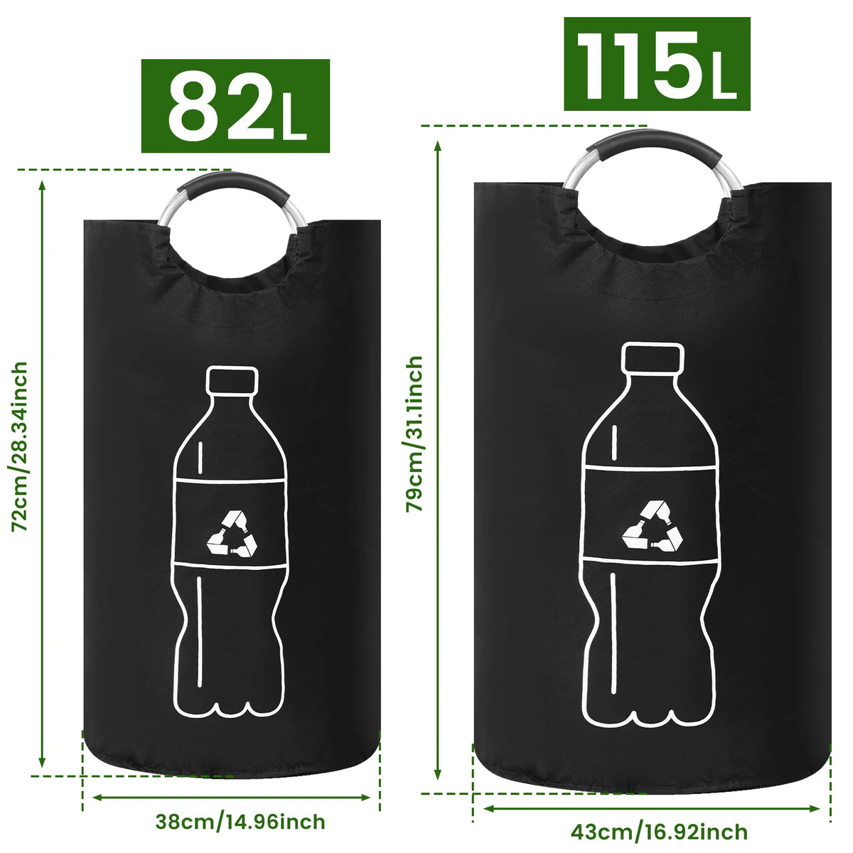 sac recyclage noir pliable oxford cloth 82l 115l multiple utilisation bouteilles plastique symbole recyclage