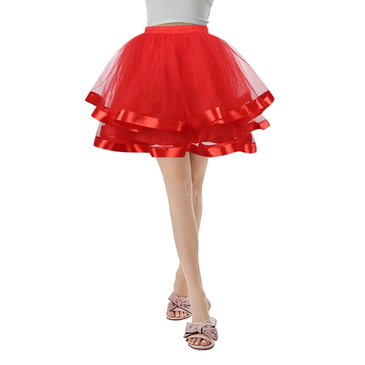 Jupe tutu tulle brodée rubans satinés vintage rose bleu vert rouge marron