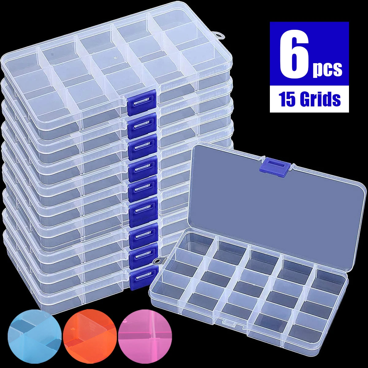boîtes rangement bijoux transparentes bleu rose orange compartiments ajustables poignées modernes pratiques