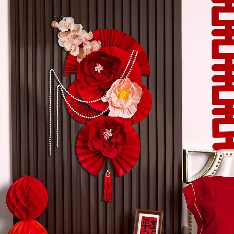 décoration murale festive asiatique fanions papier fleurs motifs calligraphie rouge blanc doré