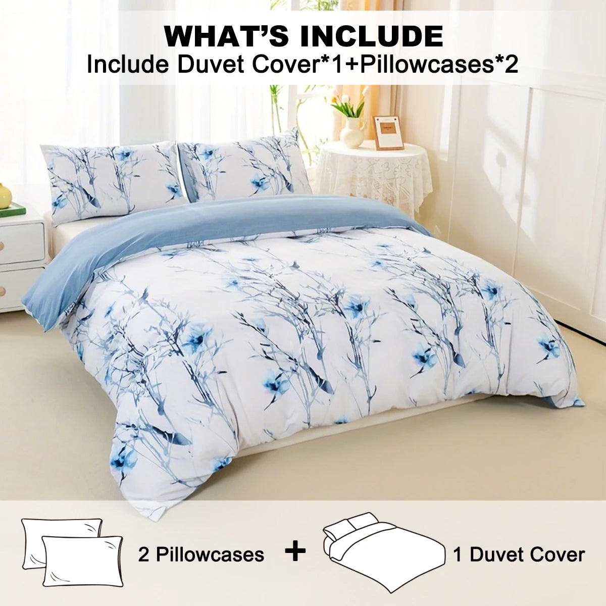 housse couette motif floral moderne 100 polyester couverture taies oreiller bleu blanc
