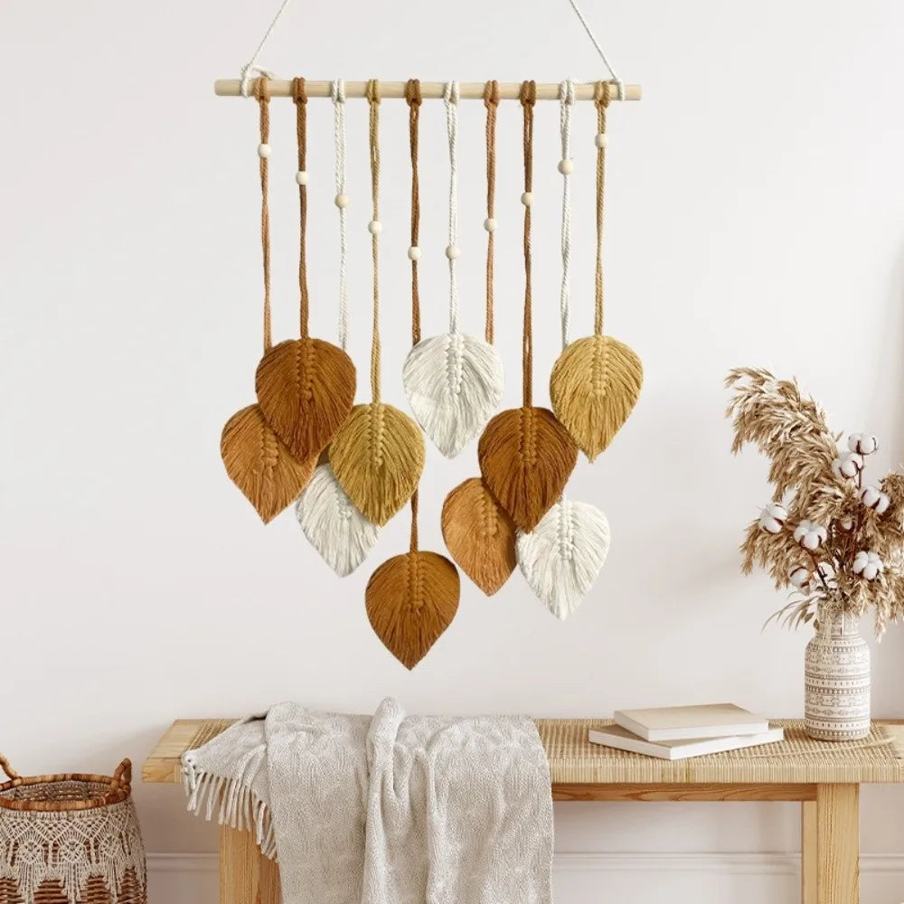 décoration murale boho feuilles coton tissage vert blanc rose artisanal