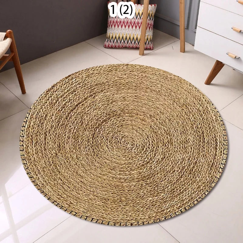 tapis rond bohème rustique motifs circulaires naturelle texture beige marron blanc salon chambre