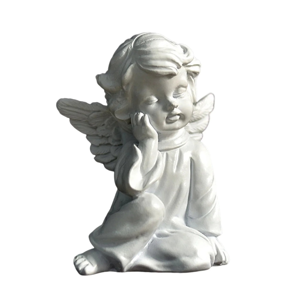statue ange enfant triste sculpture résine détaillée plumes livres dorés fleurs bleues vintage