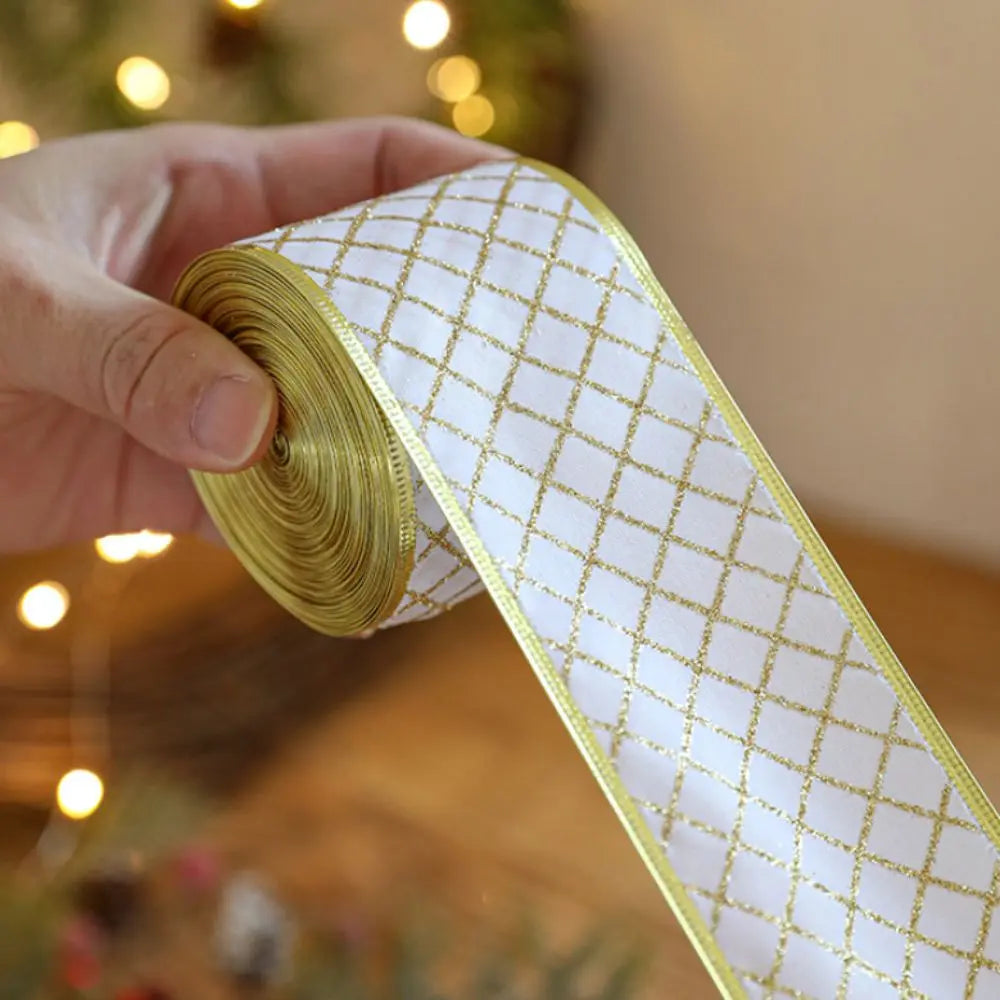 ruban noel or blanc motif floral tissu decoratif bricolage cadeau noel