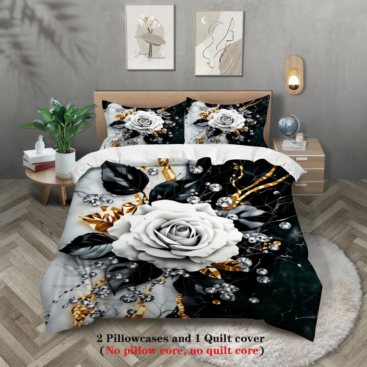 ensemble literie floral luxueux blanc noir or taies d'oreiller fermeture éclair couverture sans garniture