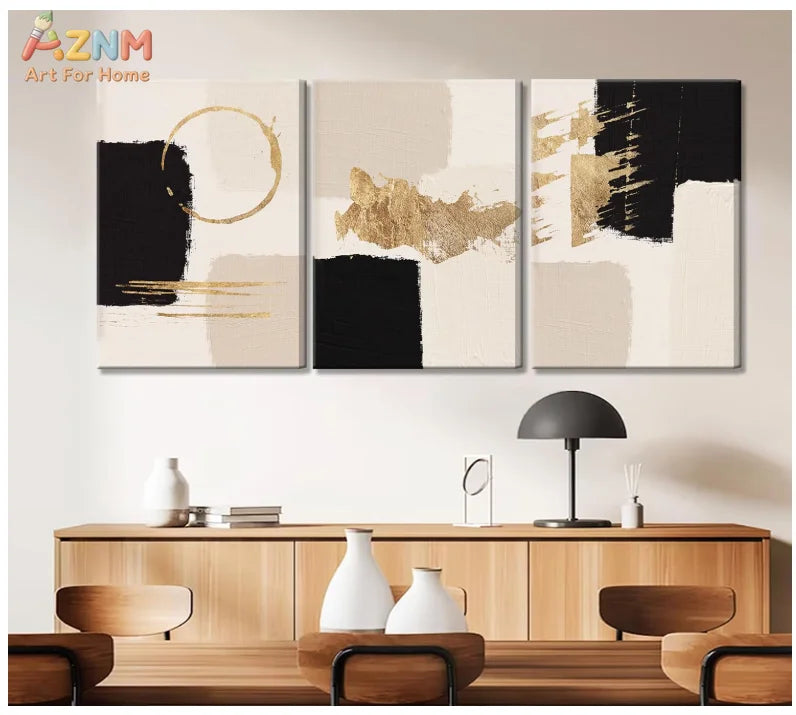 tableau abstrait contemporain beige noir doré impression toile sans cadre vertical decoration salon aquarelle