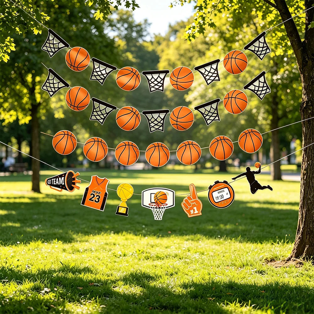 guirlande décoration fête anniversaire thème basket ballons paniers drapeaux enfants fil orange noir blanc