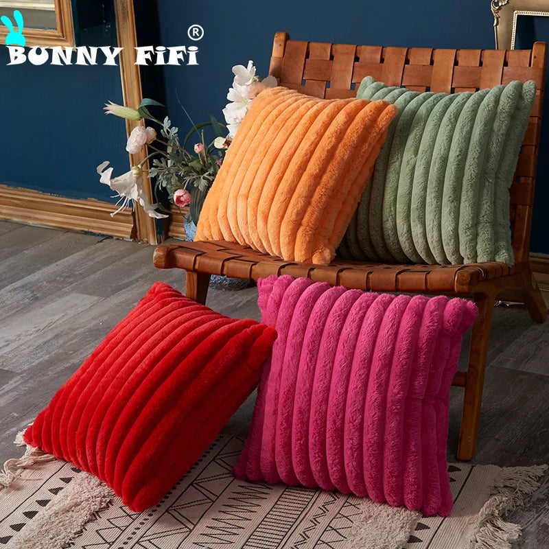 coussin décoratif moderne double face peluche rouge orange vert blanc rose