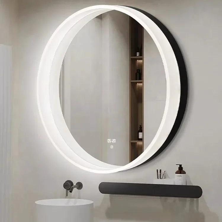 Miroir rond bois massif avec étagère or