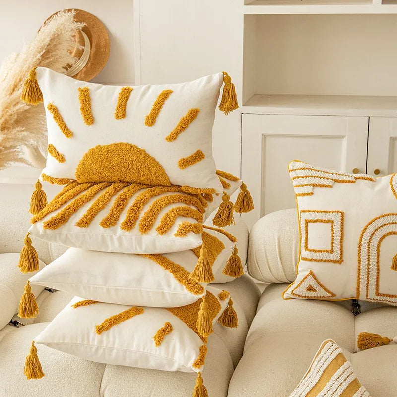 coussins décoratifs géométriques boho chic blanc moutarde tassel chambre canapé maison sans rembourrage