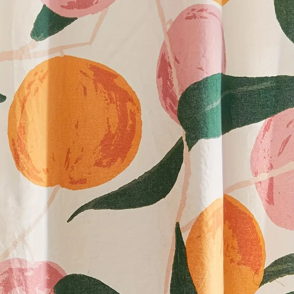rideau douche moderne fruit pêches feuilles blanc orange rose vert anneaux opaques polyester