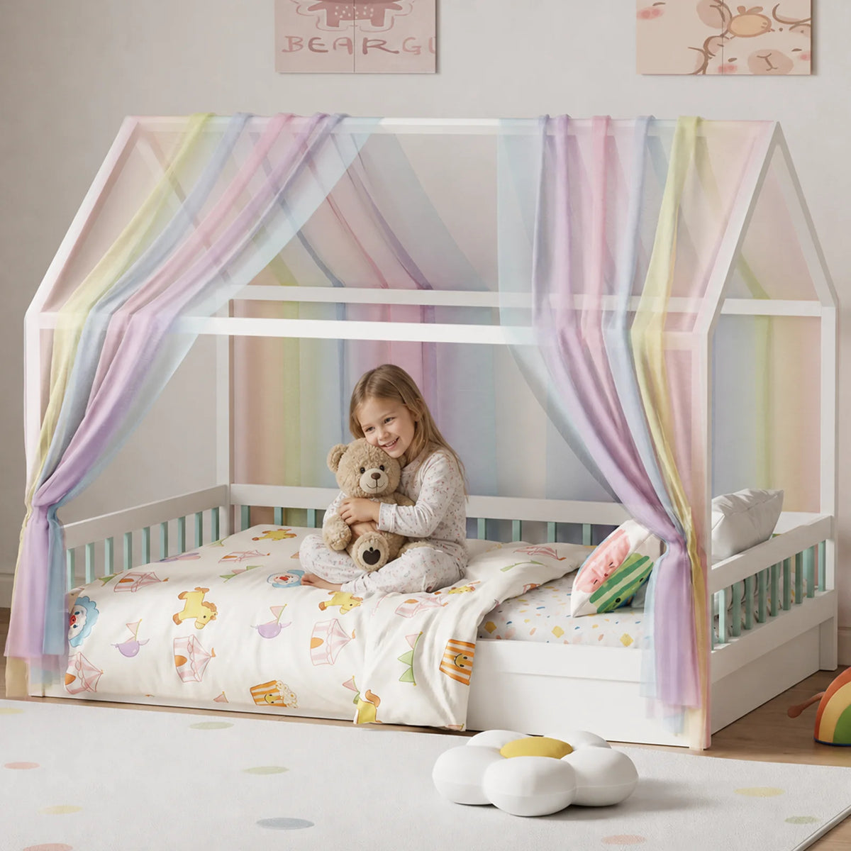 rideau arc ciel enfant lit cabane rayures horizontales multicolore moderne oreillers coussins tapis