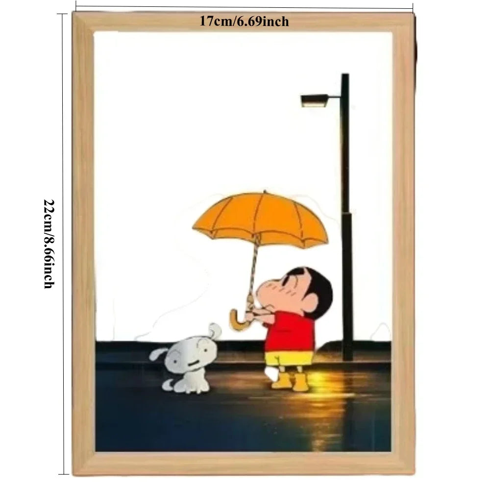 veilleuse led cadre lumineux shin chan illustration parapluie bois naturel noir contemporain clips