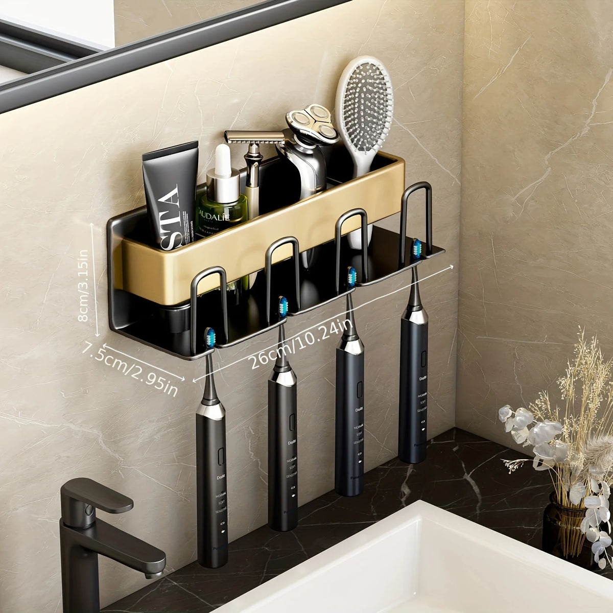 porte brosses dents adhésif moderne gris métallisé brosses lotions gels brosse toilette rasoir électrique