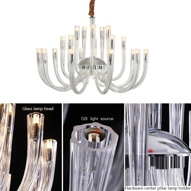 lustre transparent tubulaire contemporain verre strié g9 chambre salon élégant suspension adjustable