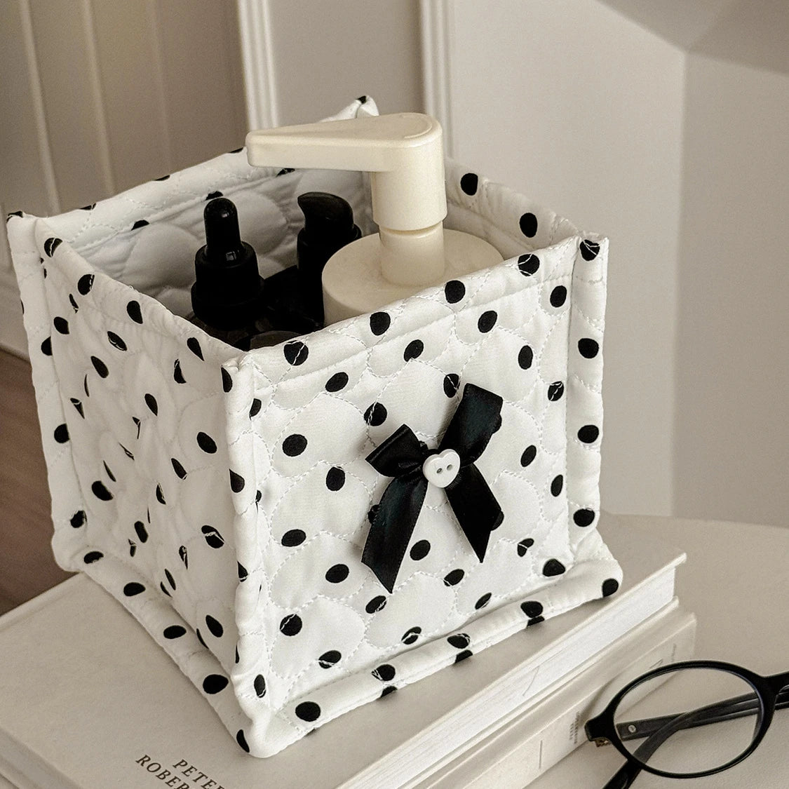 boîtes rangement coton pliables rose blanc noir pois texturées