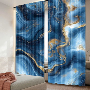 rideau moderne bleu doré marbré polyester opaque deux panneaux effet liquide élégant