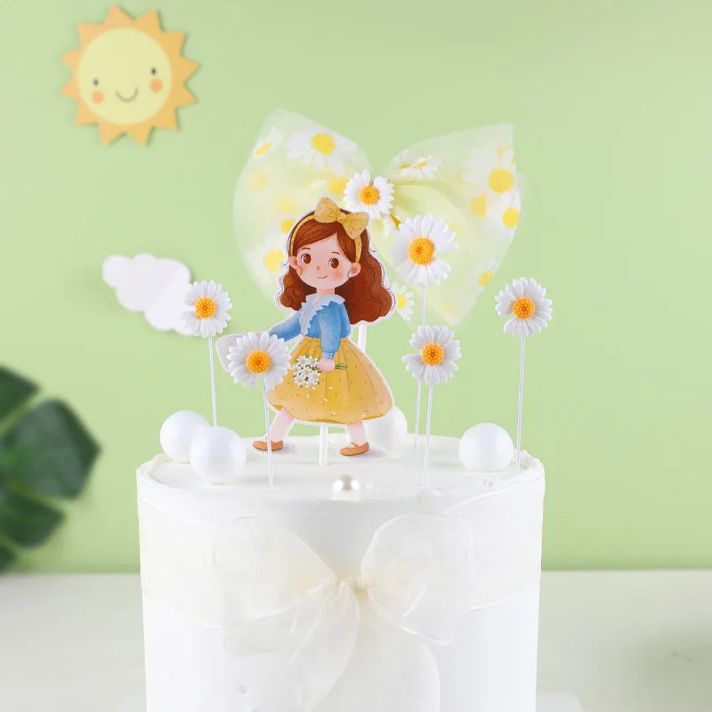 décoration anniversaire mariage figurines dessin animé fleurs rubans transparents piques bleu jaune rose