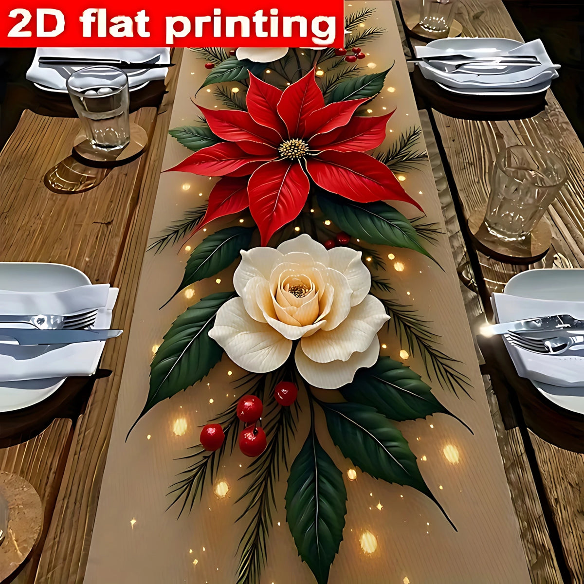 nappe festive polyester motifs floraux noël scintillants houx blanc doré
