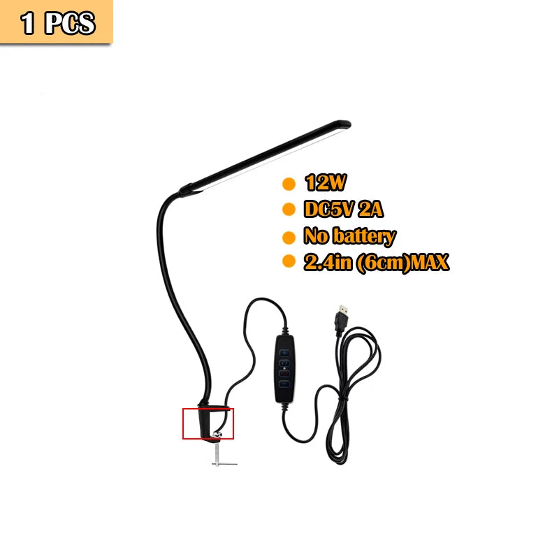lampe led moderne clip usb noir 10 niveaux luminosité interrupteur modes abat jour aluminium