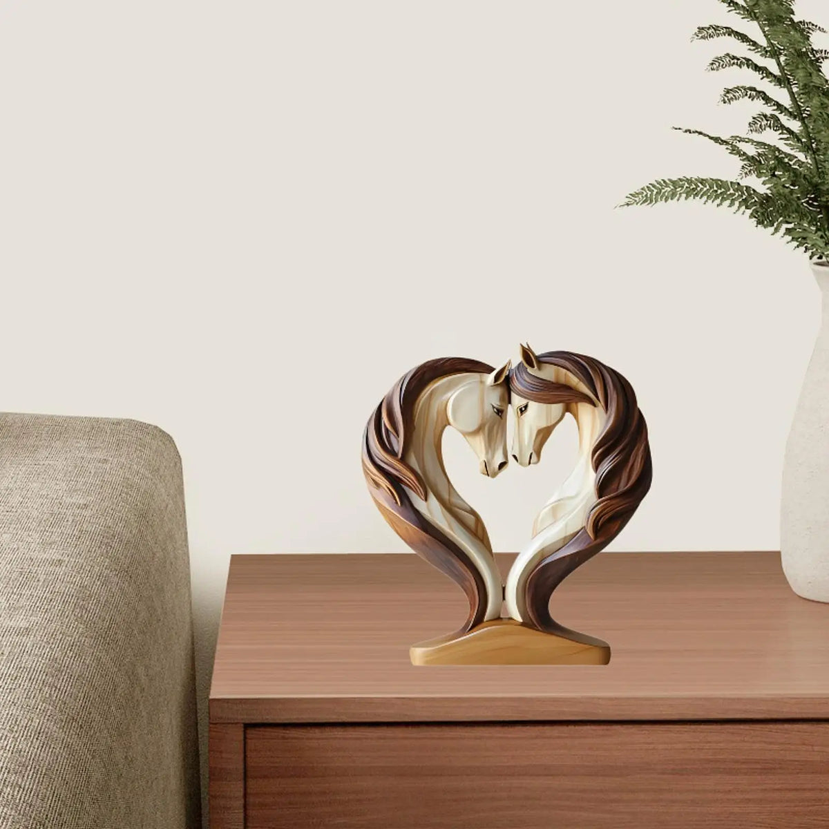ornement décoration table chevaux forme cœur sculpture métal beige marron artistique moderne