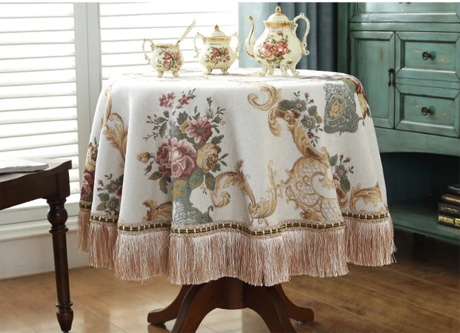 nappe table ronde brodée fleurs roses classique vintage 140cm 180cm 200cm 230cm blanc crème