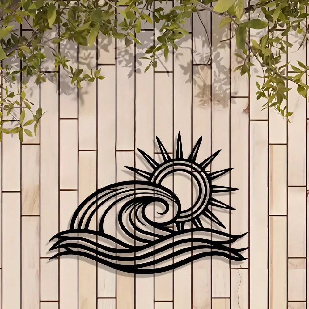 décoration murale métal soleil vague noir moderne intérieur extérieur plaque
