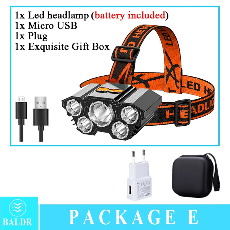 lampe frontale led rechargeable usb camping pêche chasse haute luminosité noir orange rouge