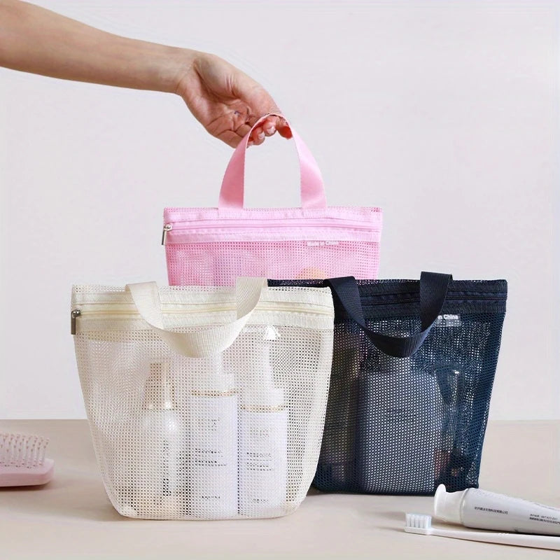 sac toilette transparent tissu maillé rose bleu marine beige simple minimaliste porte accessoires voyage