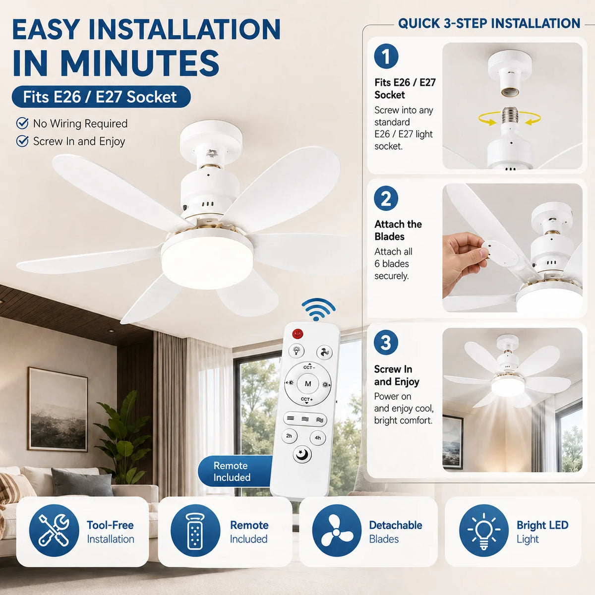 ventilateur lumière led télécommande modes blanc moderne fixations vis chambre salon