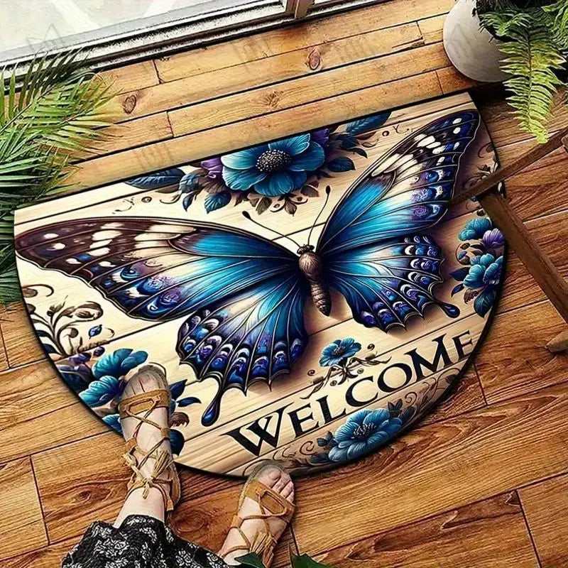 tapis d'entrée moderne papillon bienvenue bleu beige brun antidérapant résistant extérieur couloir véranda