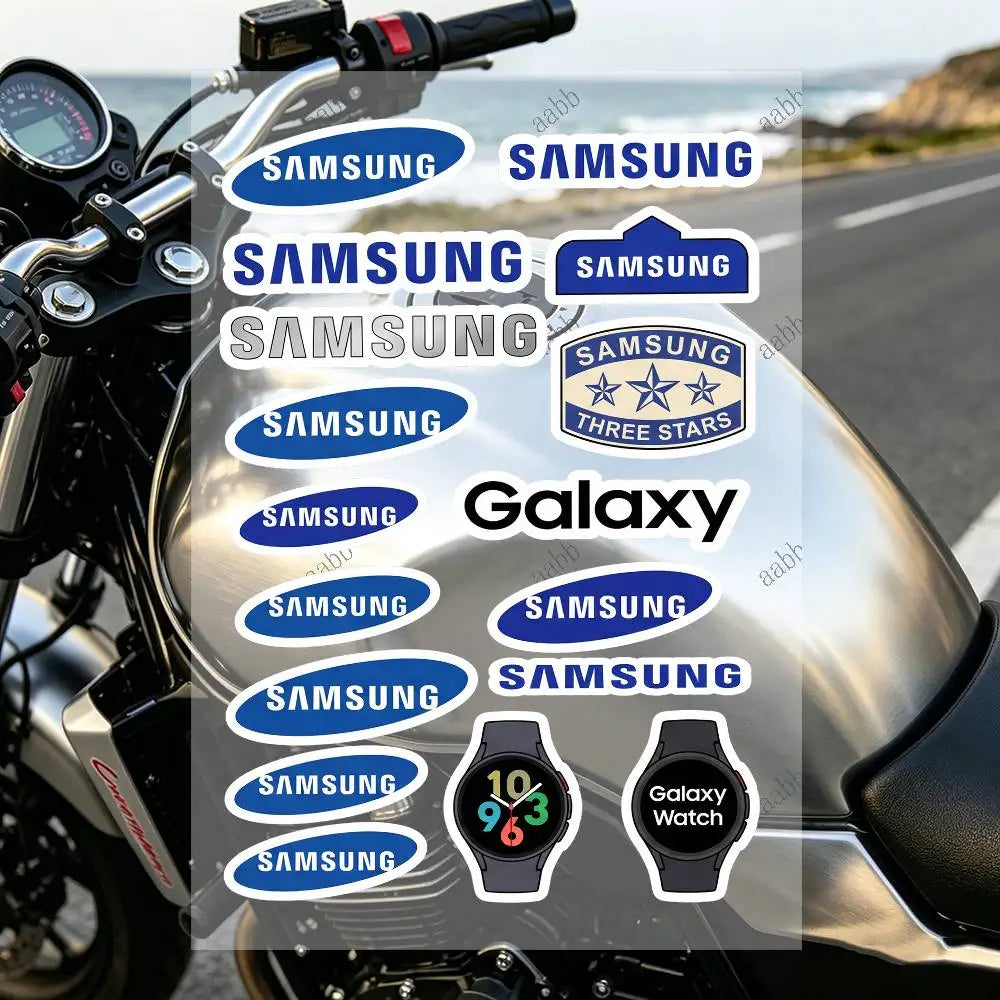 autocollants réfléchissants sécurité moto bleu blanc noir logos samsung modernes minimalistes