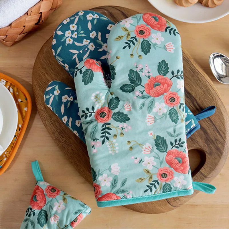 poignées plat gants cuisine antiderapants fleurs bleu vert jaune décoratifs four cuisine festive