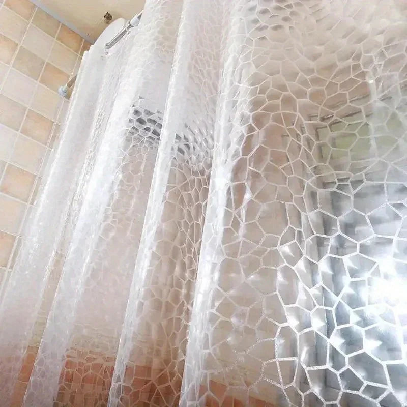 rideau douche transparent géométrique moderne pvc paillettes blanc argenté tringle noire anneaux crochets