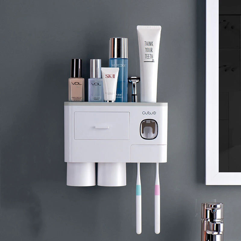 porte brosses dents adhésif moderne rangement dentifrice distributeur blanc or